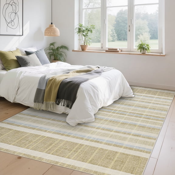 HIWEAVER Camel 8' x 10' Neutral Plaid Area Rug for Living Room Washable Non Slip Modern Checked Indoor Carpet for Bedroom Decor Low Pile Farmhouse Floor Cover