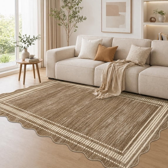 HIWEAVER Camel 9' x 12' Scalloped Washable Area Rug for Living Room Modern Solid Geometric Accent Throw Carpet for Bedroom Non-Slip Floor Cover Room Home Decor