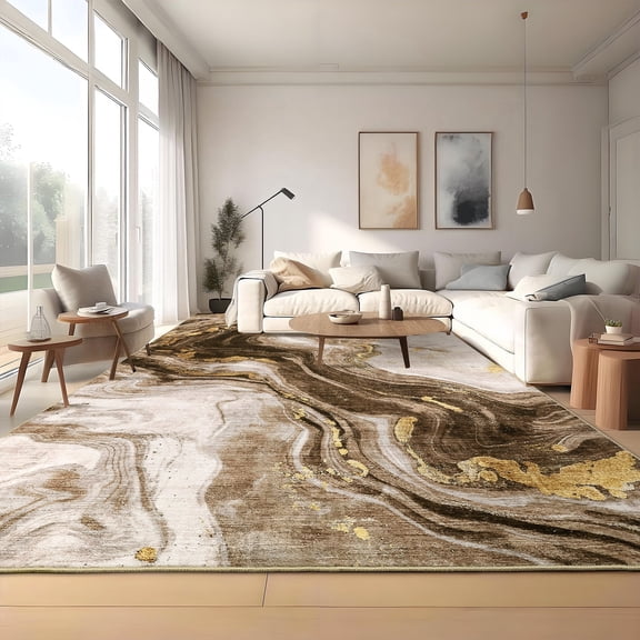 HIWEAVER Camel 9′ x 12′ Washable Abstract Area Rug for Living Room Indoor Throw Carpet Modern Non-Slip Floor Cover for Dorm Decor