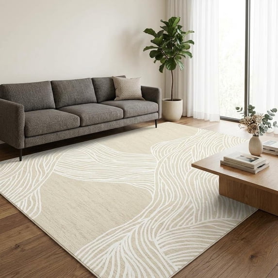 HIWEAVER Camel 9' x 12' Washable Abstract Striped Area Rug for Living Room Indoor Throw Neutral Carpet Modern Geometric Non-Slip Foldable Floor Cover for Dorm Home Decor
