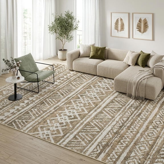 HIWEAVER Camel 9' x 12' Washable Boho Geometric Area Rug for Living Room Indoor Throw Carpet Modern Non-Slip Foldable Floor Cover for Dorm Home Decor