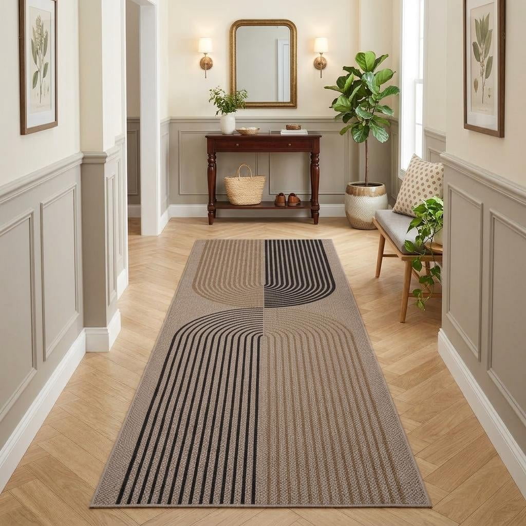 HIWEAVER Camel/Yellow 2' x 6' Easy Jute Area Rug for Living Room Non Slip Stain Resistant Arch Striped Indoor Carpet Non Shedding Modern Geometric Mat for Dining Room Outdoor Patio Rug