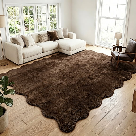 HIWEAVER Coffee 8' x 10' Ultra-Soft Scalloped Rug for Living Room Indoor Non Slip Non-Shedding Floor Cover Easy Clean Fuzzy Fluffy Solid Carpet for Bedroom Playroom Dorm