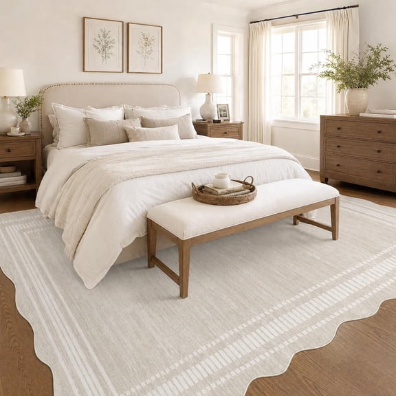 HIWEAVER Cream 6' x 9' Scalloped Washable Area Rug for Living Room Modern Solid Geometric Accent Throw Carpet for Bedroom Non-Slip Floor Cover Room Home Decor