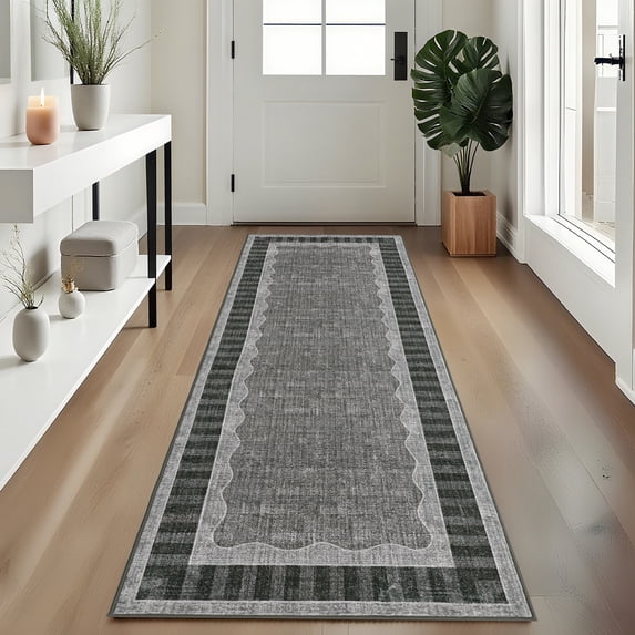 HIWEAVER Dark Gray 2' x 6' Scalloped Washable Runner for Hallway Modern Solid Bordered Carpet for Kitchen Non-Slip Stain Resistant Accent Throw Mat for Dining Room Home Decor