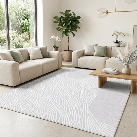 HIWEAVER Gray 10' x 13' Washable Abstract Striped Area Rug for Living Room Indoor Throw Neutral Carpet Modern Geometric Non-Slip Foldable Floor Cover for Dorm Home Decor