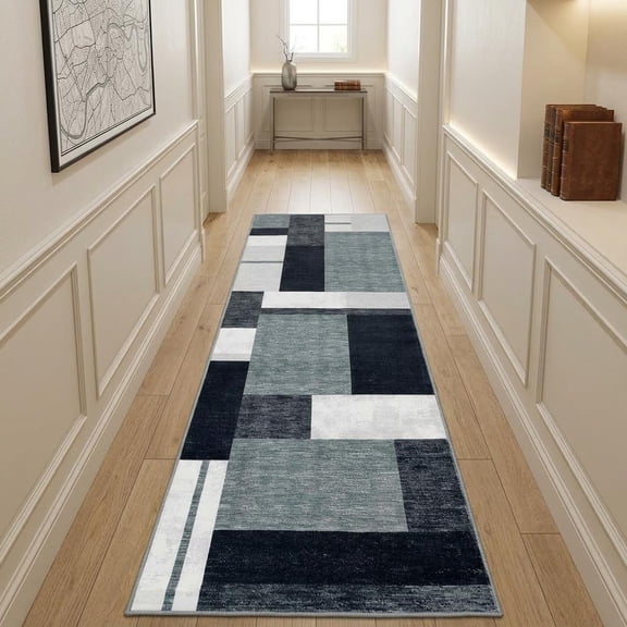 HIWEAVER Gray 2' x 6' Washable Neutral Plaid Runner for Kitchen Indoor Modern Checked Throw Carpet Non-Slip Foldable Doormat for Hallway Farmhouse Dorm Home Decor