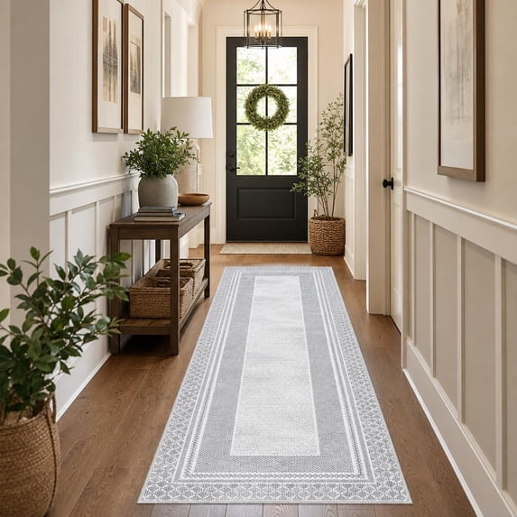 HIWEAVER Gray 2' x 6' Washable Runner for Kitchen Soft Geometric Bordered Indoor Throw Carpet Modern Non-Slip Foldable Doormat for Hallway Farmhouse Dorm Home Decor