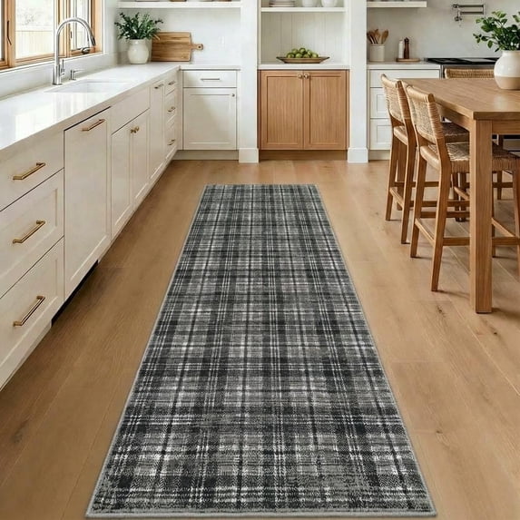 HIWEAVER Gray 2' x 8' Distressed Neutral Plaid Runner Rug for Kitchen Washable Non Slip Modern Checked Indoor Throw Carpet for Bedroom Decor Low Pile Farmhouse Floor Cover