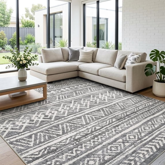 HIWEAVER Gray 8' x 10' Washable Boho Geometric Area Rug for Living Room Indoor Throw Carpet Modern Non-Slip Foldable Floor Cover for Dorm Home Decor