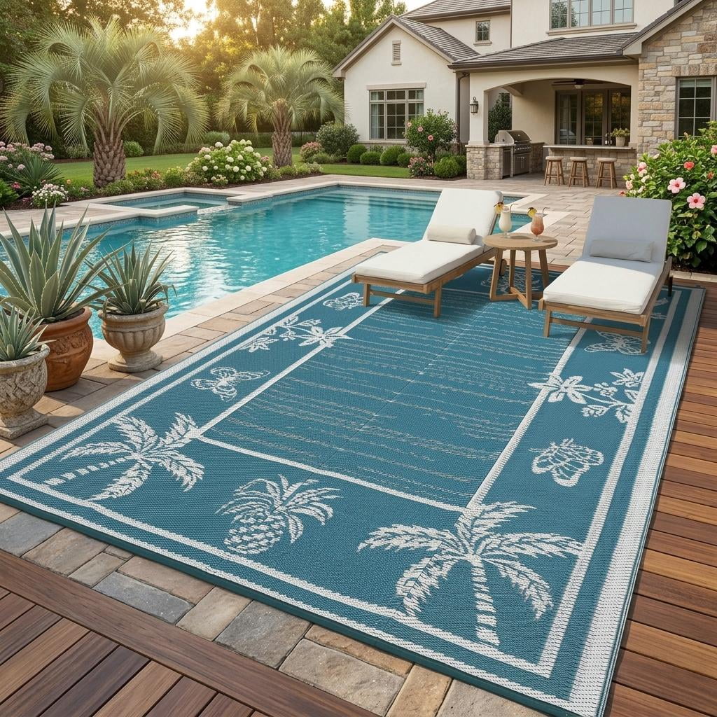 HIWEAVER Gray/Blue 8'x 10' Outdoor Rug Garden Decor Floral Bordered Carpet Plastic Straw Waterproof Reversible Patio Area Rug for Balcony Deck Picnic Portable Camping Mat