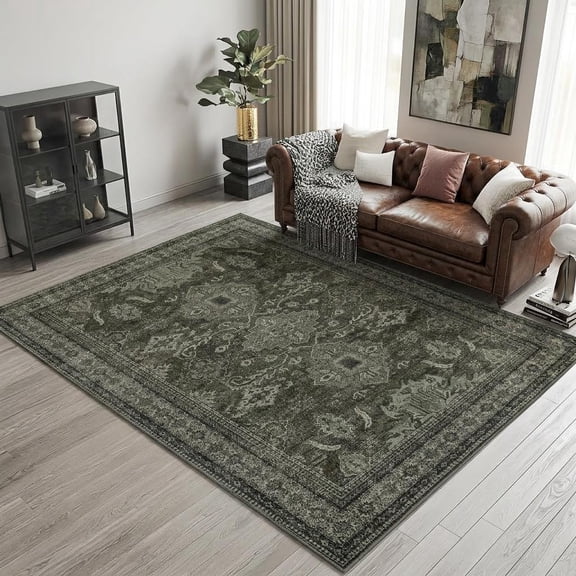 HIWEAVER Gray/Green 10' x 13' Vintage Distressed Floral Area Rug for Living Room Washable Non Slip Farmhouse Indoor Carpet for Bedroom Decor