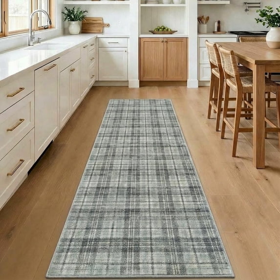 HIWEAVER Gray Green 2'5" x 12' Distressed Neutral Plaid Runner Rug for Kitchen Washable Non Slip Modern Checked Indoor Throw Carpet for Bedroom Decor Low Pile Farmhouse Floor Cover
