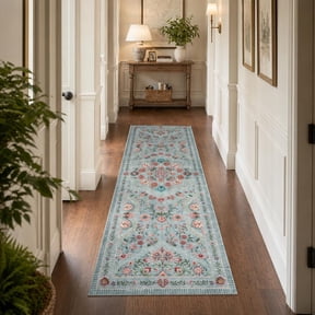 HIWEAVER Gray Green 2' x 6' Washable Floral Runner for Kitchen Indoor Throw Carpet Non-Slip Foldable Doormat for Hallway Farmhouse Dorm Home Decor