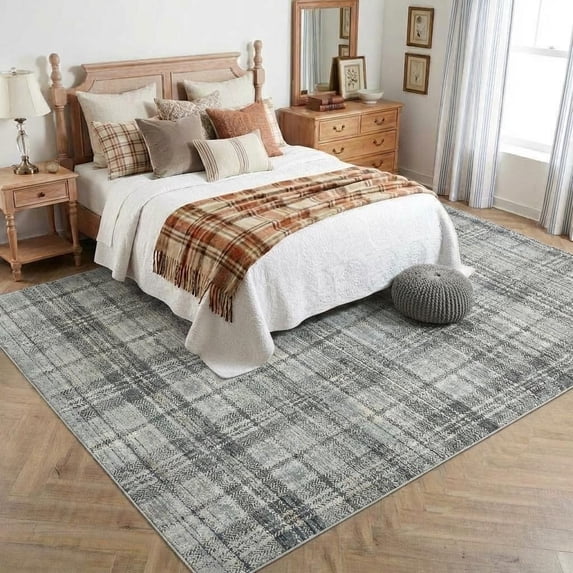 HIWEAVER Gray Green 3' x 5' Distressed Neutral Plaid Area Rug for Living Room Washable Non Slip Modern Checked Indoor Carpet for Bedroom Decor Low Pile Farmhouse Floor Cover