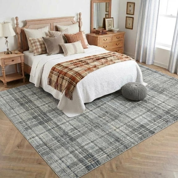 HIWEAVER Gray Green 3' x 5' Distressed Neutral Plaid Area Rug for Living Room Washable Non Slip Modern Checked Indoor Carpet for Bedroom Decor Low Pile Farmhouse Floor Cover