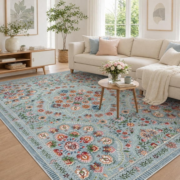 HIWEAVER Gray Green 5' x 7' Floral Area Rug for Living Room Washable Non Slip Indoor Carpet for Bedroom Decor Low Pile Farmhouse Floor Cover