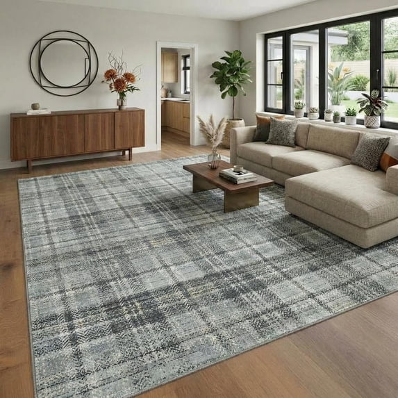 HIWEAVER Gray Green 9' x 12' Distressed Neutral Plaid Area Rug for Living Room Washable Non Slip Modern Checked Indoor Carpet for Bedroom Decor Low Pile Farmhouse Floor Cover
