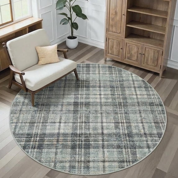 HIWEAVER Gray Green Round 5' x 5' Distressed Neutral Plaid Area Rug for Living Room Washable Non Slip Modern Checked Indoor Carpet for Bedroom Decor Low Pile Farmhouse Floor Cover