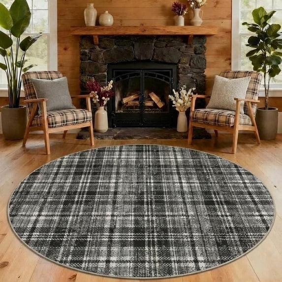 HIWEAVER Gray Round 4' x 4' Distressed Neutral Plaid Area Rug for Living Room Washable Non Slip Modern Checked Indoor Carpet for Bedroom Decor Low Pile Farmhouse Floor Cover