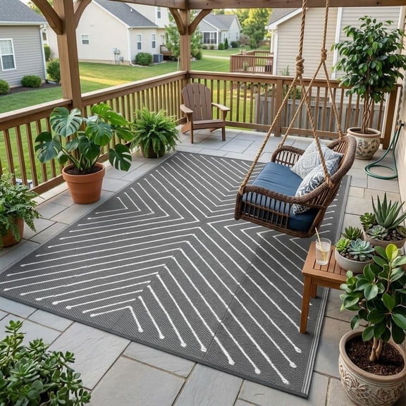 HIWEAVER Gray/White 5' x 8' Outdoor Rug PP Plastic Straw Woven Waterproof Patio Rug with Striped Pattern Portable Outside Carpet for Balcony Deck Picnic Garden Decor