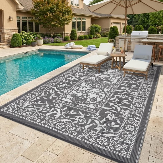 HIWEAVER Gray/White 8'x 10' Outdoor Rug Garden Decor Abstract Sun Pattern Carpet Plastic Straw Waterproof Reversible Patio Area Rug for Balcony Deck Picnic Portable Camping Mat
