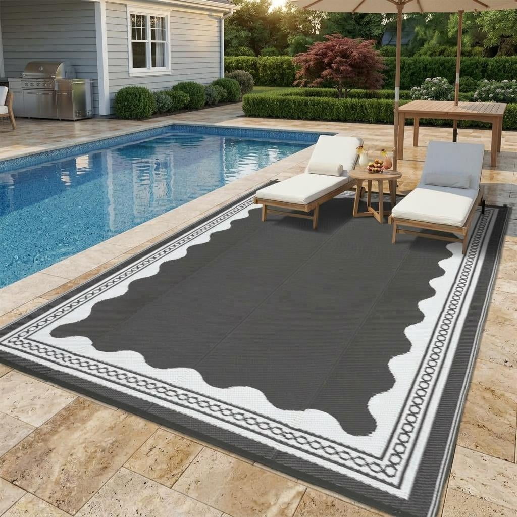 HIWEAVER Gray/White 9'x 12' Outdoor Rug Garden Decor Scolloped Bordered Carpet Plastic Straw Waterproof Reversible Patio Area Rug for Balcony Deck Picnic Portable Camping Mat