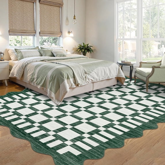 HIWEAVER Green 10′ x 13′ Scalloped Washable Area Rug for Living Room Modern Checkered Geometric Accent Throw Carpet for Bedroom Non-Slip Floor Cover Home Decor