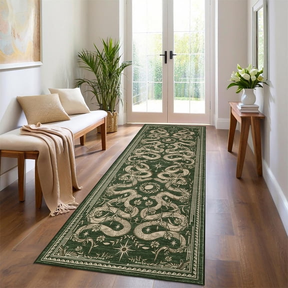 HIWEAVER Green 2′5" x 8′ Distressed Floral Vintage Runner Rug for Kitchen Washable Non Slip Indoor Carpet for Bedroom Decor Gothic Floor Cover