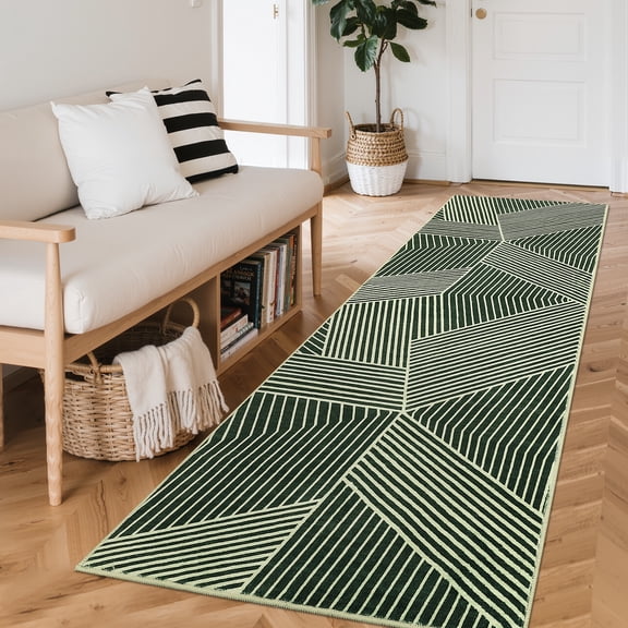 HIWEAVER Green 2′ x 6′ Modern Geometric Striped Pet Friendly Runner Rug for Kitchen Washable Neutral Indoor Decor Carpet