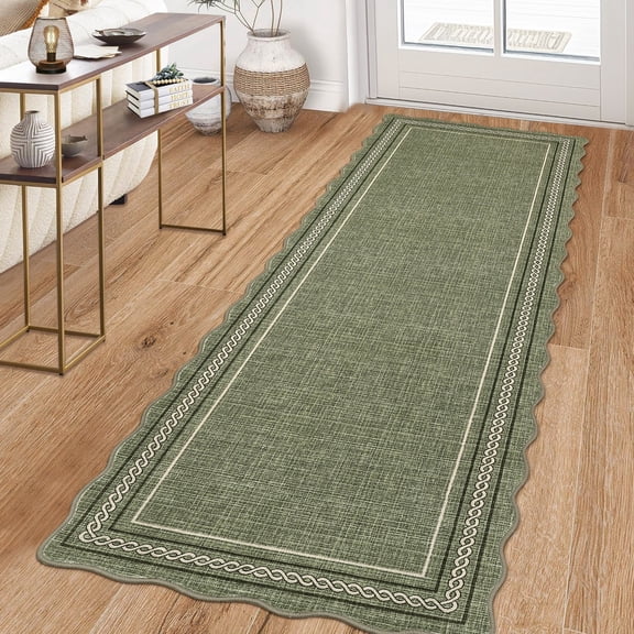 HIWEAVER Green 2′ x 6′ Scalloped Washable Runner Rug for Kitchen Modern Solid Geometric Accent Throw Carpet for Bedroom Non-Slip Floor Cover Room Home Decor