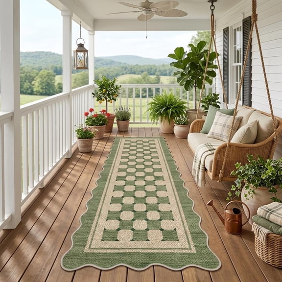 HIWEAVER Green 2' x 6' Scalloped-edge Easy Jute Runner Rug for Bathroom Modern Bordered Plaid Indoor Outdoor Neutral Carpet for Patios Non Slip Washable Throw Kitchen Mat for Home Decor