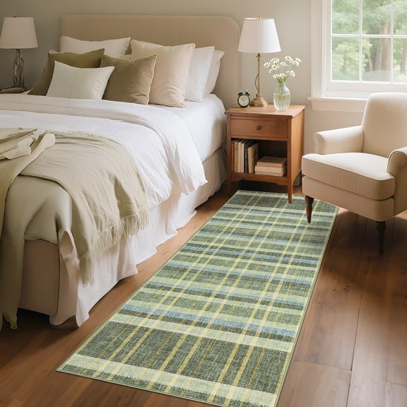 HIWEAVER Green 2' x 6' Washable Neutral Plaid Runner for Kitchen Indoor Modern Checked Throw Carpet Non-Slip Foldable Doormat for Hallway Farmhouse Dorm Home Decor