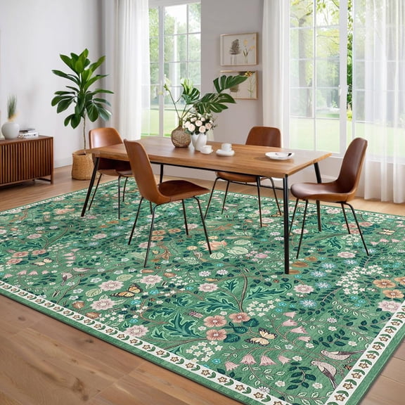 HIWEAVER Green 4' x 6' Floral Vintage Area Rug for Living Room Washable Non Slip Indoor Carpet for Bedroom Decor Low Pile Farmhouse Floor Cover