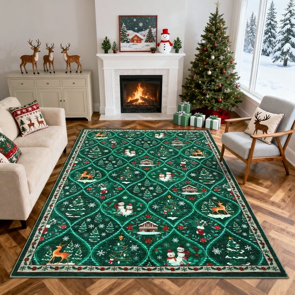 HIWEAVER Green 4' x 6' Washable Boho Christmas Tree Area Rug for Living Room Indoor Carpet Modern Non-Slip Xmas Snowmen Home Decor