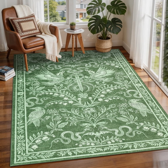 HIWEAVER Green 5' x 7' Gothic Area Rug for Living Room Mythical Serpent & Celestial Pattern Non-Slip Stain Resistant Low Pile Floor Indoor Carpet for Bedroom Home Decor