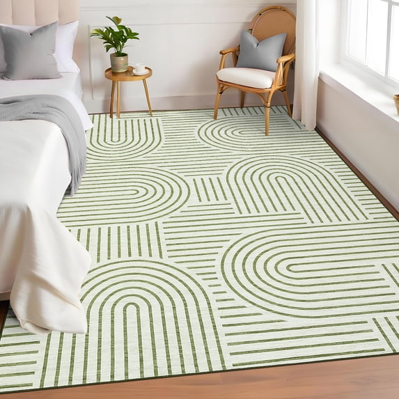 HIWEAVER Green 5′ x 7′ Washable Arched Striped Area Rug for Living Room Indoor Throw Carpet Modern Geometric Non-Slip Foldable Floor Cover for Dorm Home Decor