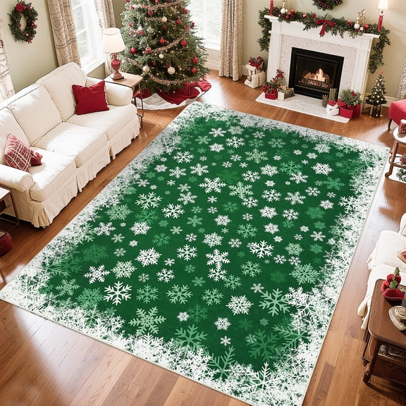 HIWEAVER Green 5' x 7' Washable Christmas Area Rug for Living Room Indoor Carpet Modern Non-Slip Xmas Snowflake Home Decor