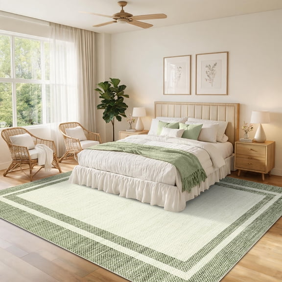 HIWEAVER Green 8′ x 10′ Washable Area Rug for Living Room Soft Geometric Bordered Indoor Modern Large Throw Carpet for Dining Room
