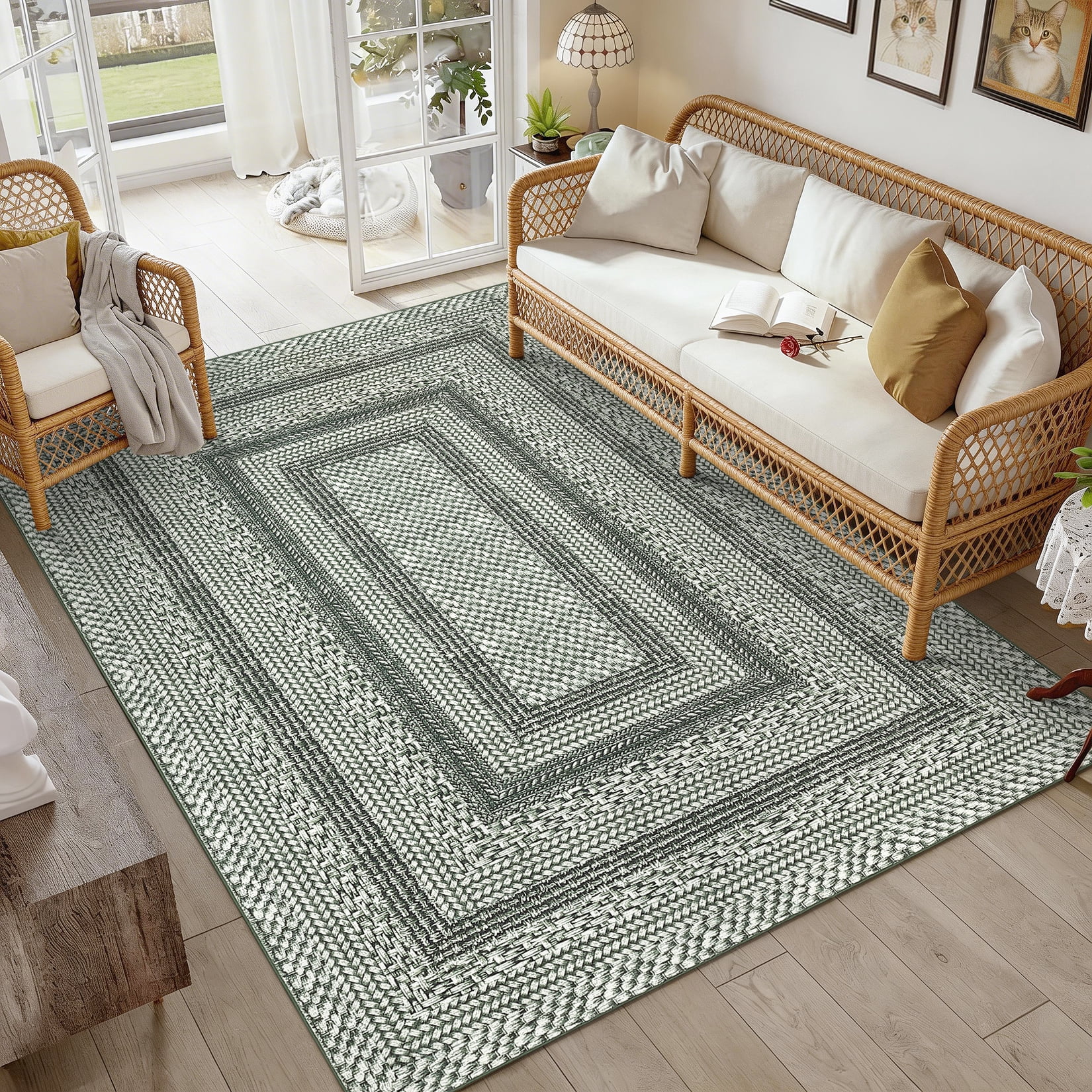HIWEAVER Green Foldable Area Rug for Living Room 4' x 6' Washable Bordered Digital Printed Geometric Indoor Carpet Decor