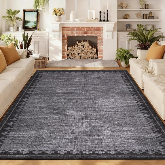 HIWEAVER Large Washable Rug 10' x 13' Area Rug for Living Room Modern Geometric Bordered Non Slip Neutral Indoor Decor Carpet, Black/Gray