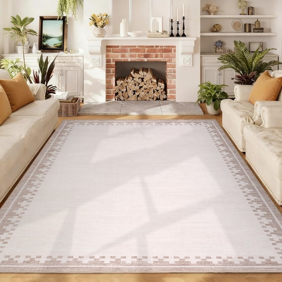 HIWEAVER Large Washable Rug 9' x 12' Area Rug for Living Room Modern Geometric Bordered Non Slip Neutral Indoor Decor Carpet, Ivory