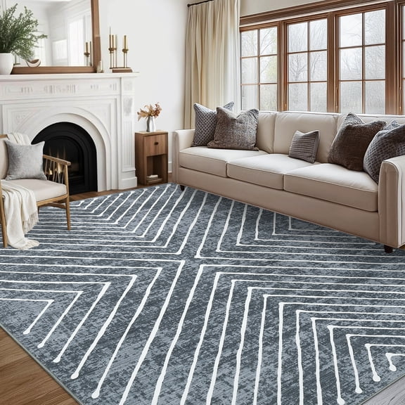 HIWEAVER Large Washable Rug 9' x 12' Area Rug for Living Room Modern Geometric Striped Non Slip Neutral Indoor Decor Carpet, Dark Gray