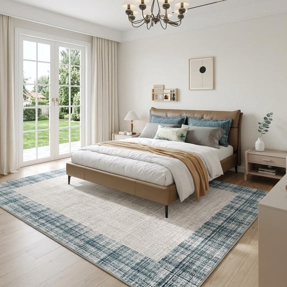HIWEAVER Light Blue 10' x 13' Neutral Bordered Plaid Area Rug for Living Room Washable Non Slip Modern Checked Indoor Carpet for Bedroom Decor Low Pile Farmhouse Floor Cover