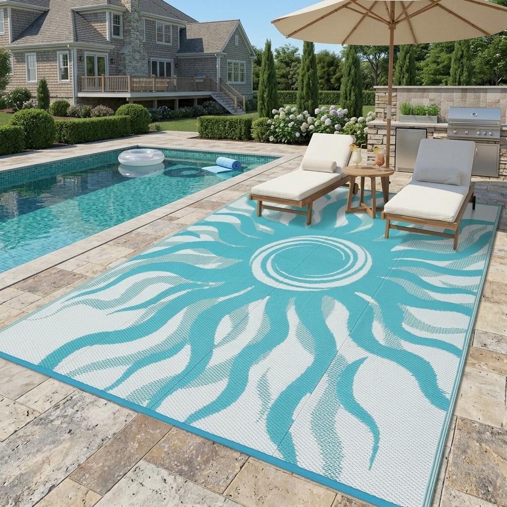 HIWEAVER Light Blue 9'x 12' Outdoor Rug Garden Decor Abstract Sun Pattern Carpet Plastic Straw Waterproof Reversible Patio Area Rug for Balcony Deck Picnic Portable Camping Mat