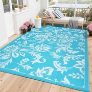 HIWEAVER Light Blue 9' x 12' Outdoor Rug Garden Decor Geometric Floral Carpet Plastic Straw Waterproof Reversible Patio Area Rug for Balcony Deck Picnic Portable Camping Mat
