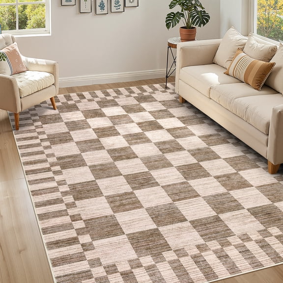 HIWEAVER Light Brown 6' x 9' Neutral Checkered Area Rug for Living Room Washable Non Slip Modern Indoor Carpet for Bedroom Decor Farmhouse