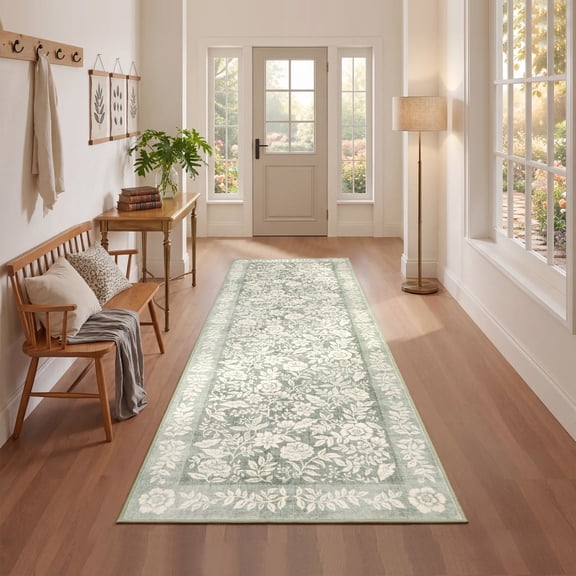 HIWEAVER Light Green 2′ x 6′ Washable Floral Bordered Runner Rug for Kitchen Indoor Throw Carpet Modern Non-Slip Foldable Floor Cover for Dorm Home Decor