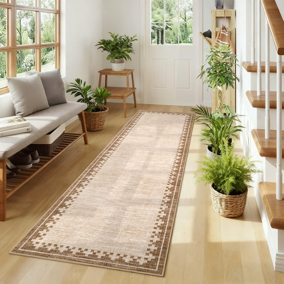 HIWEAVER Modern Geometric Bordered Non Slip Runner Washable 2' x 6' Throw Rug for Hallway Enterway Neutral Indoor Beige Carpet
