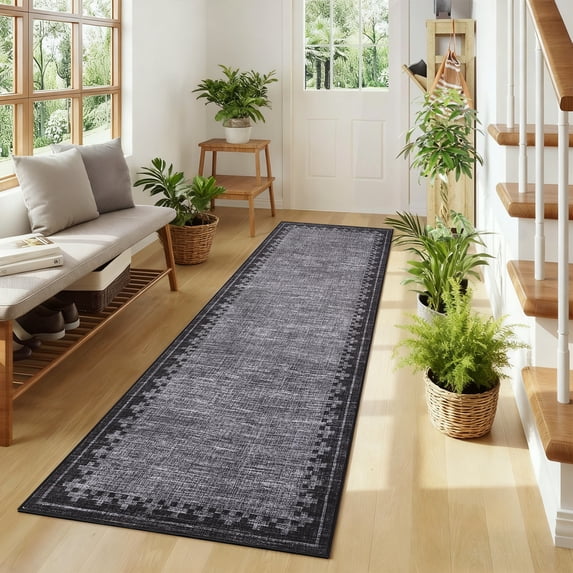 HIWEAVER Modern Geometric Bordered Non Slip Runner Washable 2' x 6' Throw Rug for Hallway Enterway Neutral Indoor Black/Gray Carpet